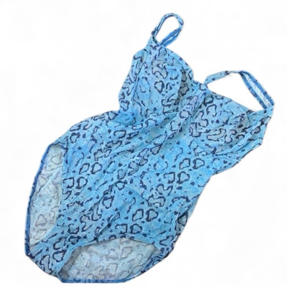 Vintage SOLAR Suntan Through One Piece Swimsuit Blue Leopard Size 16